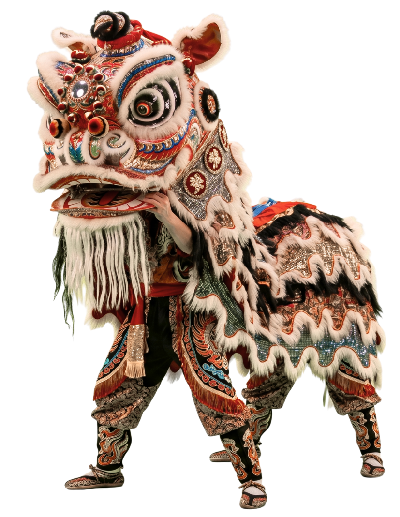 León Chino con colores rojos, beige y verde que pertenece a la danza Tradicional China, La Danza del León.