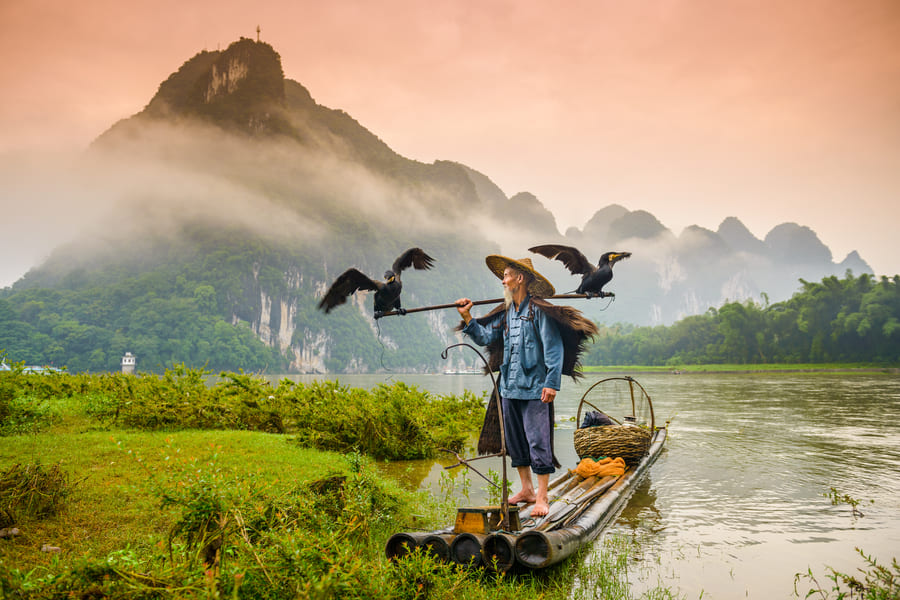 Percador de Cormoran sobre una lancha en el río Yulong en Yangshuo con montañas de fondo.