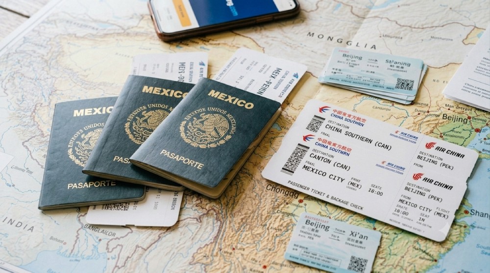 Pasaportes mexicanos y boletos de avión para viajar a China.